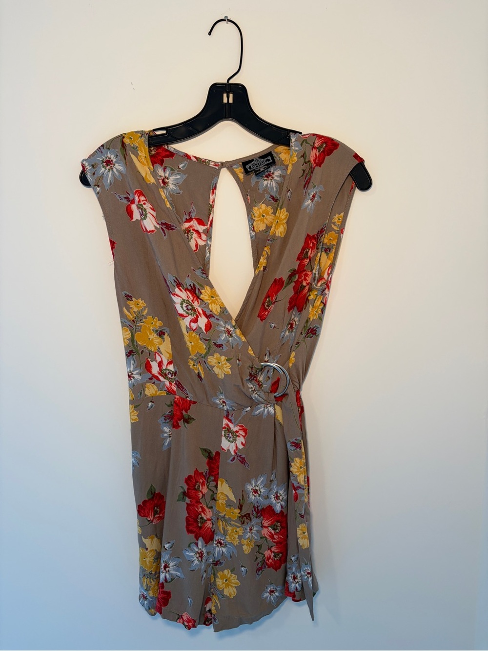 Floral Taupe Romper with Red & Yellow Blooms